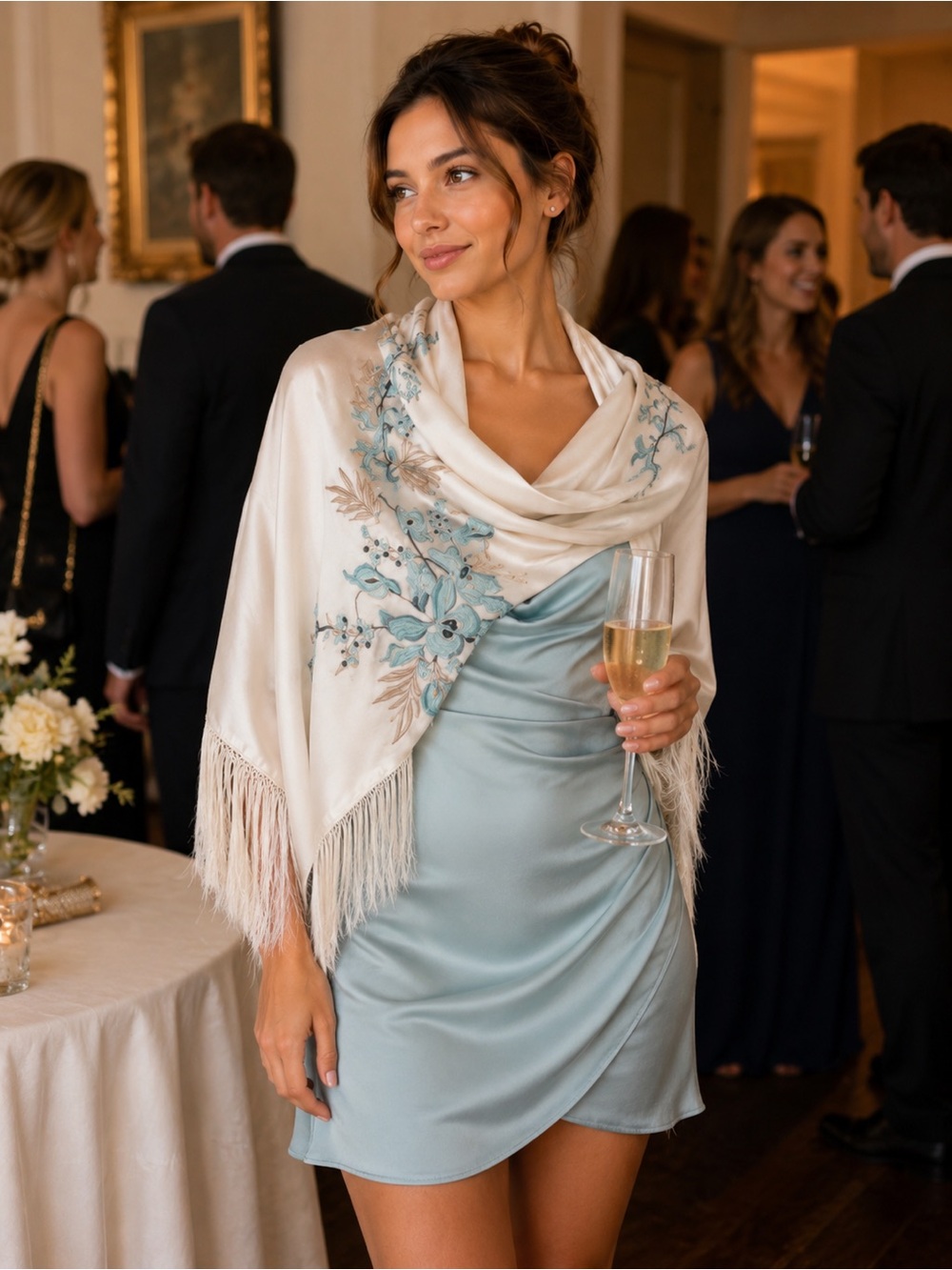 Carlisle Ivory Fringe Shawl with Teal Embroidery